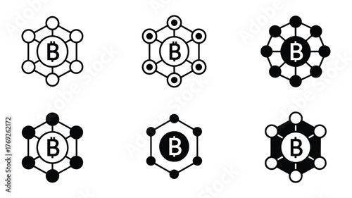 Bitcoin vector icon set cryptocurrency, digital currency, and blockchain technology concept outline and filled symbol