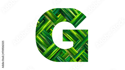 Capital letter G filled with vibrant green interwoven plant leaves and natural organic texture, isolated on a white background.