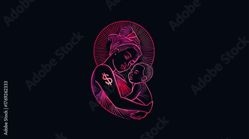 Neon glowing line art illustration of a mother holding her baby with a dollar sign. Concept of financial value, cost of family, or economic motherhood.