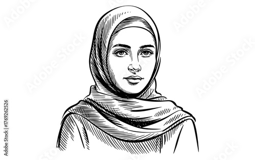 a woman in a hijab facing forward with a calm, neutral expression, symbolizing faith and identity.