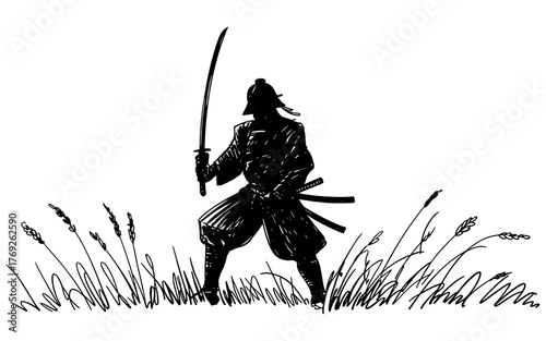 Black and white illustration of a samurai standing in tall grass holding a sword, symbolizing strength, discipline, and traditional Japanese culture.
