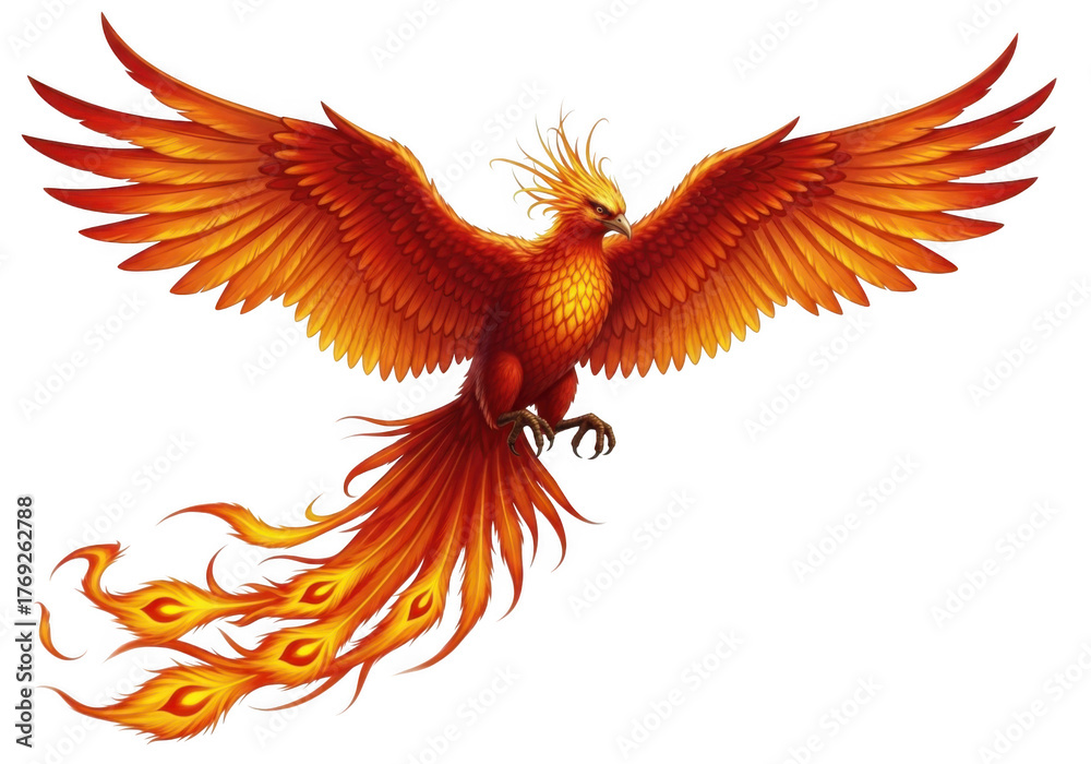 Fototapeta premium Fiery phoenix bird rising isolated on transparent background