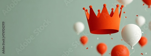 Abstract orange crowns and festive balloons on gradient background, minimalist flat design for Koningsdag celebration