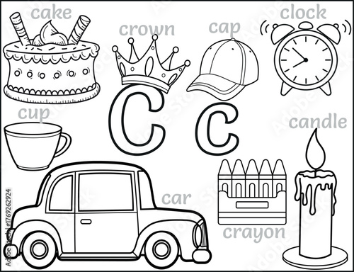 Alphabet Letter C Coloring Page – Educational worksheet with cake, crown, cap, clock, cup, car, crayon, and candle – fun printable activity for preschool and kindergarten kids