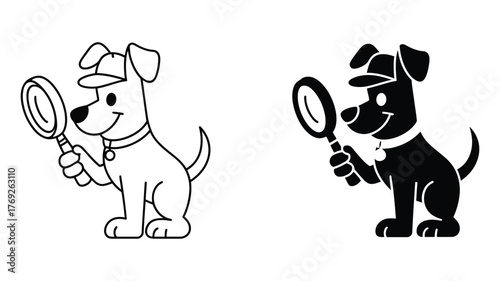 Vector art of Cartoon dog detective with magnifying glass cute puppy in hat is investigating vector illustration in black and white