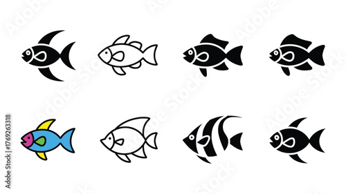 Vector art of Collection of fish icons set of various types of fish, representing aquatic life, diversity, and underwater world