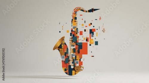 Minimalist saxophone piano keys illustration, floating musical notes, soft gradient, International Jazz Day, creative rhythm concept, blank space for text