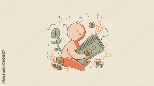 Happy cartoon character holding a stack of cash and coins, illustrating financial growth, investment, savings, and wealth accumulation concept.