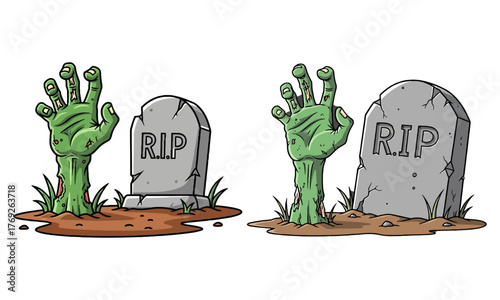Spooky zombie hands emerge from graves for halloween scare festivities and decorations