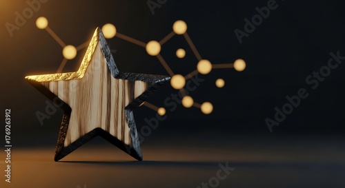 Fototapeta Naklejka Na Ścianę i Meble -  Wooden star with black edges and a gold sheen stands against a dark background with connecting golden dots