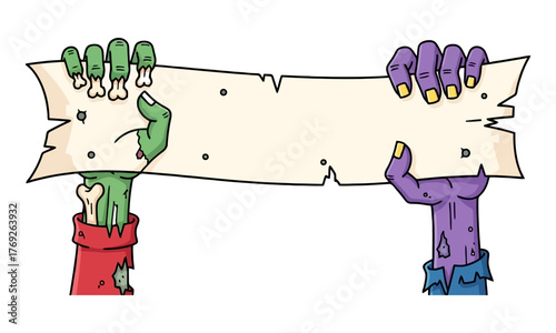 Spooky zombie hands holding a blank wooden sign for halloween and horror themed content