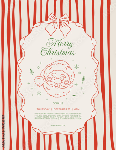 Christmas vintage invitation template with doodle hand drawn Santa Claus, frame, bow and striped background. Whimsical Xmas illustration in sketch line art style. Retro holiday poster, cover, card