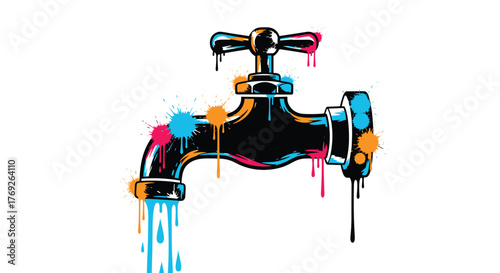 A vibrant black faucet with colorful paint splatters and drips, rendered in a graffiti art style on a clean white background, symbolizing creativity and urban flair.