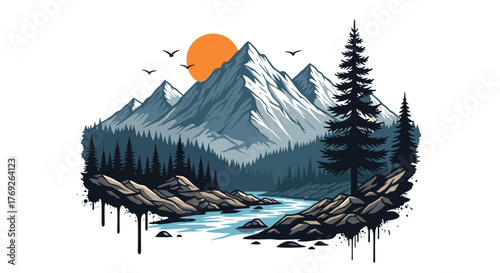Artistic illustration of a rugged mountain landscape featuring snow-capped peaks, a winding river, dense pine forests, and a sunset with flying birds.