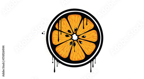 Vibrant orange slice with urban-style black drips and paint splatters, forming a circular logo or emblem on a clean white background.