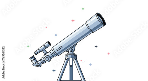 A detailed illustration of a silver astronomical telescope on a sturdy tripod, sparkling with colorful stars against a clean white background.