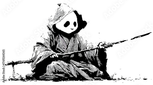 Stylized Black and White Illustration of a Mysterious Hooded Panda Figure Holding a Staff While Sitting