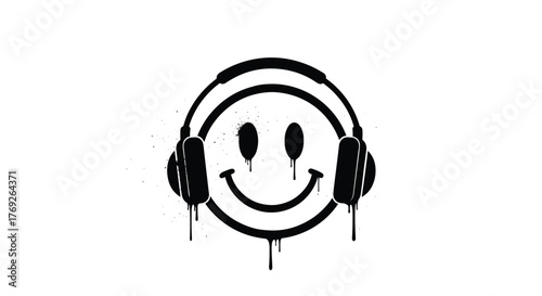 Black and white graffiti-style smiley face wearing headphones with dripping paint effects, symbolizing urban music and expressive art.