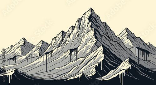 Stylized graphic illustration depicting a rugged mountain range with prominent peaks and dark, artistic drips, set against a muted sky.