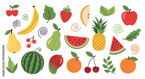 A cheerful collection of hand-drawn fresh fruits and green leaves, featuring popular items such as bananas, apples, pineapples, and berries on a clean white background.
