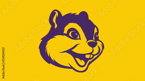 Smiling cartoon squirrel head illustration with big teeth, a cheerful purple rodent character on a vibrant yellow background, cute mascot design.