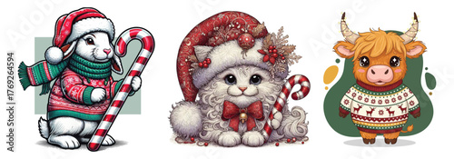 Charming festive animal characters with christmas candy and decorations set