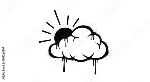 Black and white graffiti-style illustration of a cloud with the sun peeking from behind, featuring spray paint textures and drips.