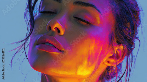 Woman in virtual chaos artwork evokes sense of beauty and emotion through vibrant colors and expressive features