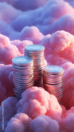 Stacks of silver coins rise among fluffy pink clouds, creating a surreal financial landscape.
