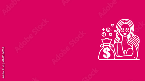 Smiling woman with heart eyes, money bag, and floating coins on vibrant pink background. Concept of financial success, beauty, and wealth illustration.