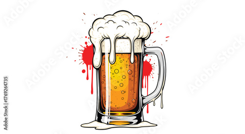 Vibrant cartoon illustration of a frosty beer mug filled with golden ale, overflowing foam, and bold red paint splatters.