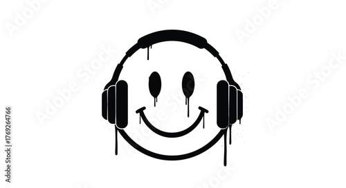 Graffiti-style black smiley face with headphones and dripping paint details, isolated on a stark white background, conveying a grunge or urban art mood.