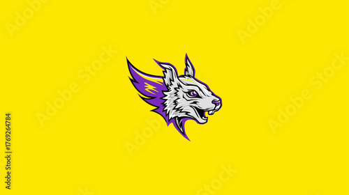Dynamic cartoon rodent head with purple lightning flash, sharp teeth, and pointed ears on a vibrant yellow background, digital illustration.
