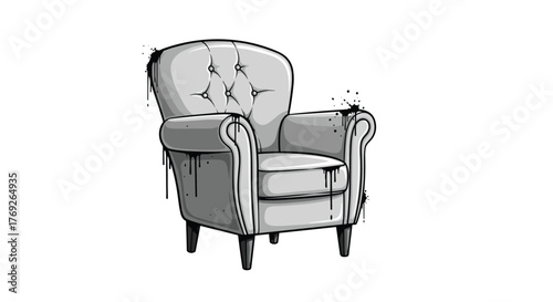 Stylized grayscale armchair illustration featuring button tufting and dramatic black paint splatter effects, on a clean white background.