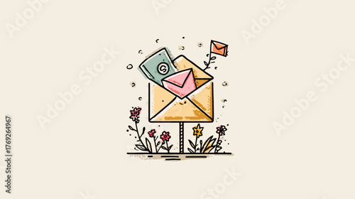 Minimalist illustration of an open envelope mailbox with incoming mail and cash, surrounded by small flowers, symbolizing communication and financial receipt.