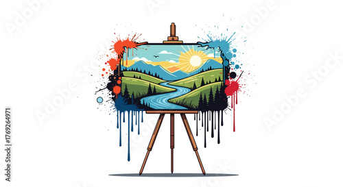 Vibrant landscape painting on an artist's easel, framed by colorful paint splatters and drips, symbolizing creativity and the beauty of nature.
