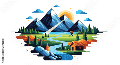 A serene flat-design illustration of a vibrant mountain landscape with a winding river, dense forest, a cozy cabin, and a lone hiker on an adventure.