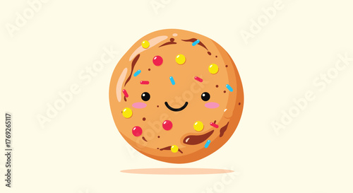 A delightful and cute cartoon cookie character with a happy smiling face, rosy cheeks, and colorful sprinkles, floating on a plain background.