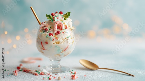 Christmas ice cream dessert with candy canes and colorful sprinkles in glass, concept of festive food, winter holiday sweets and celebration