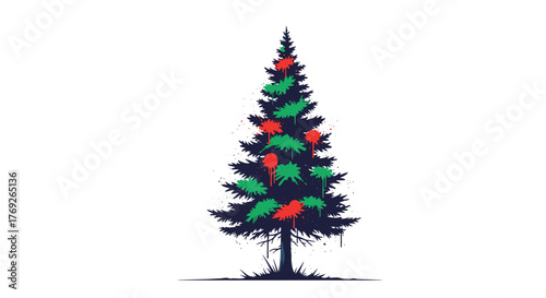 A stylized dark Christmas tree decorated with vibrant red and green paint splatters and drips in a modern urban art style on a clean white background.