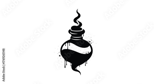 Stylized black silhouette of a magical potion bottle with swirling smoke and dripping liquid, featuring a grunge texture.