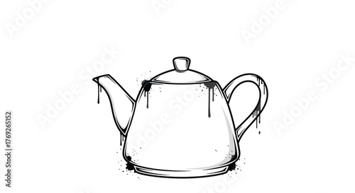 Stylized white teapot featuring artistic black paint drips and splatters, blending traditional kitchenware with urban art aesthetics.