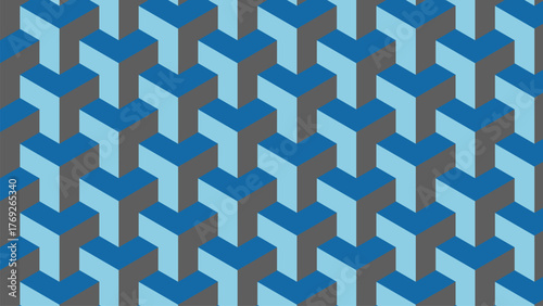 Seamless geometric abstract pattern of repeating blue 3d cubes with shading and depth vector