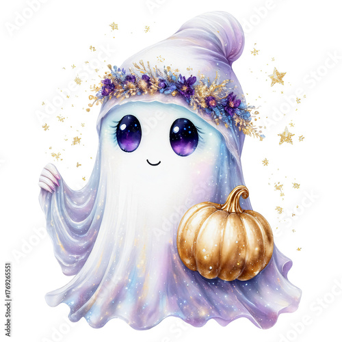 Cute Watercolor Halloween Ghost with Gold Pumpkin and Floral Crown | Kawaii Pastel Clipart PNG