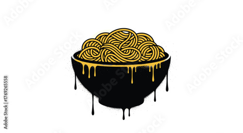 A stylized graffiti art illustration of a black bowl filled with golden spaghetti noodles, featuring dripping sauce or paint effects.