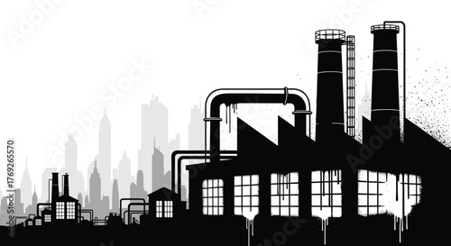 Grungy black and white silhouette of an industrial factory with prominent pipes and smokestacks, set against a distant urban skyline.