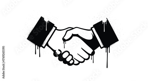 Graffiti-style depiction of two hands shaking, rendered in black and white with spray paint textures and drips, symbolizing agreement or partnership.