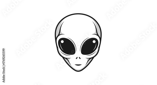 Stylized minimalist illustration of a classic grey alien head with large black eyes, a small nose, and mouth, rendered in a monochrome palette.