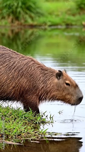 Capybara drinking water by a green pond in a natural environment