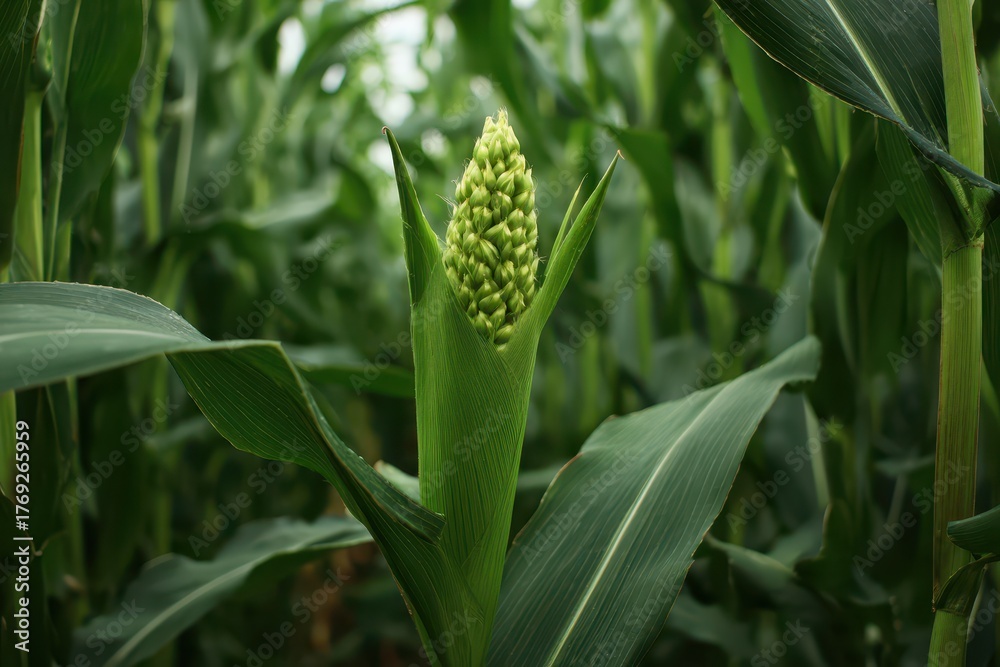 Fototapeta premium Iowa Cornfield. Cornfield with Tasseling Corn Plants in Green Maize Field